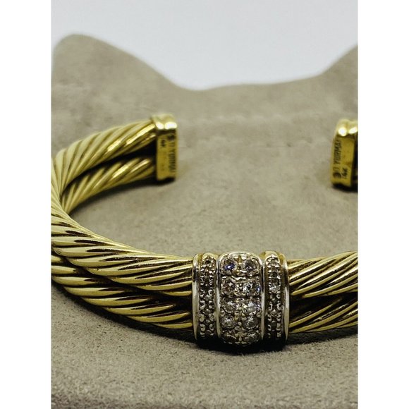 David Yurman Solid 14k Yellow Gold Double Cable Cuff Diamond Bracelet 6.5'' - Picture 5 of 10